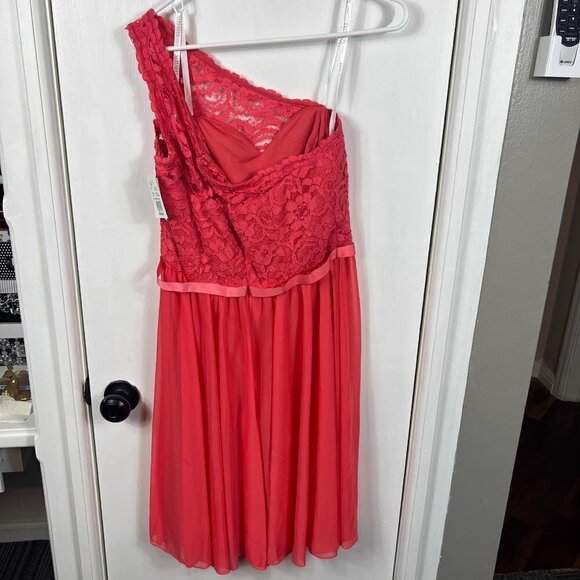 One-Shoulder Coral Lace & Mesh Dress | Bridesmaid or Cocktail Dress |Size 10 NWT - Picture 7 of 9